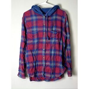 Women's American Eagle Outfitters BUTTON DOWN‎ SMALL Hoodie PLAID RED BLUE